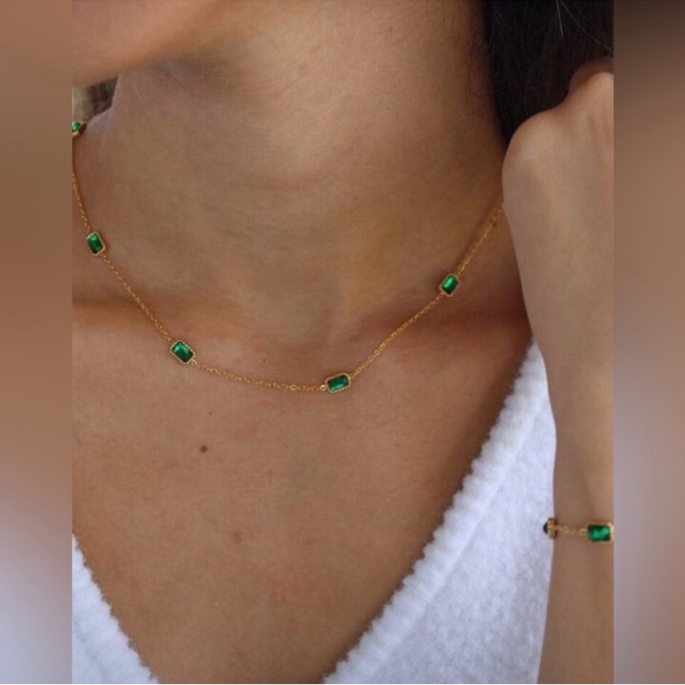 Gold Plated Stainless Steel Emerald Cubic Zirconia Necklace